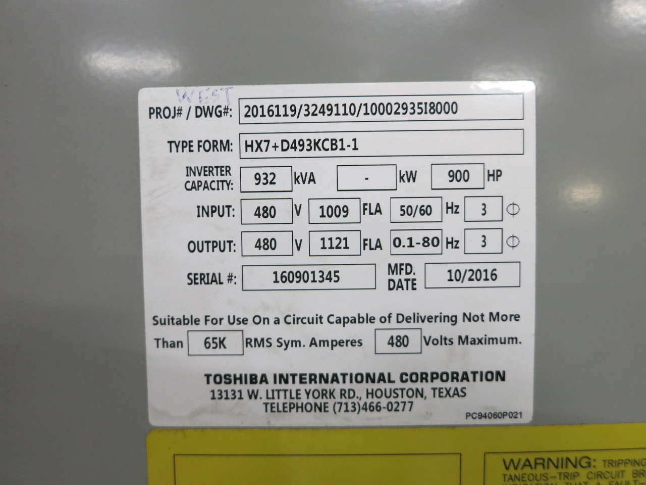 Toshiba HX7 Plus 900 HP 480V Adjustable Speed VS Drive ASD 1121